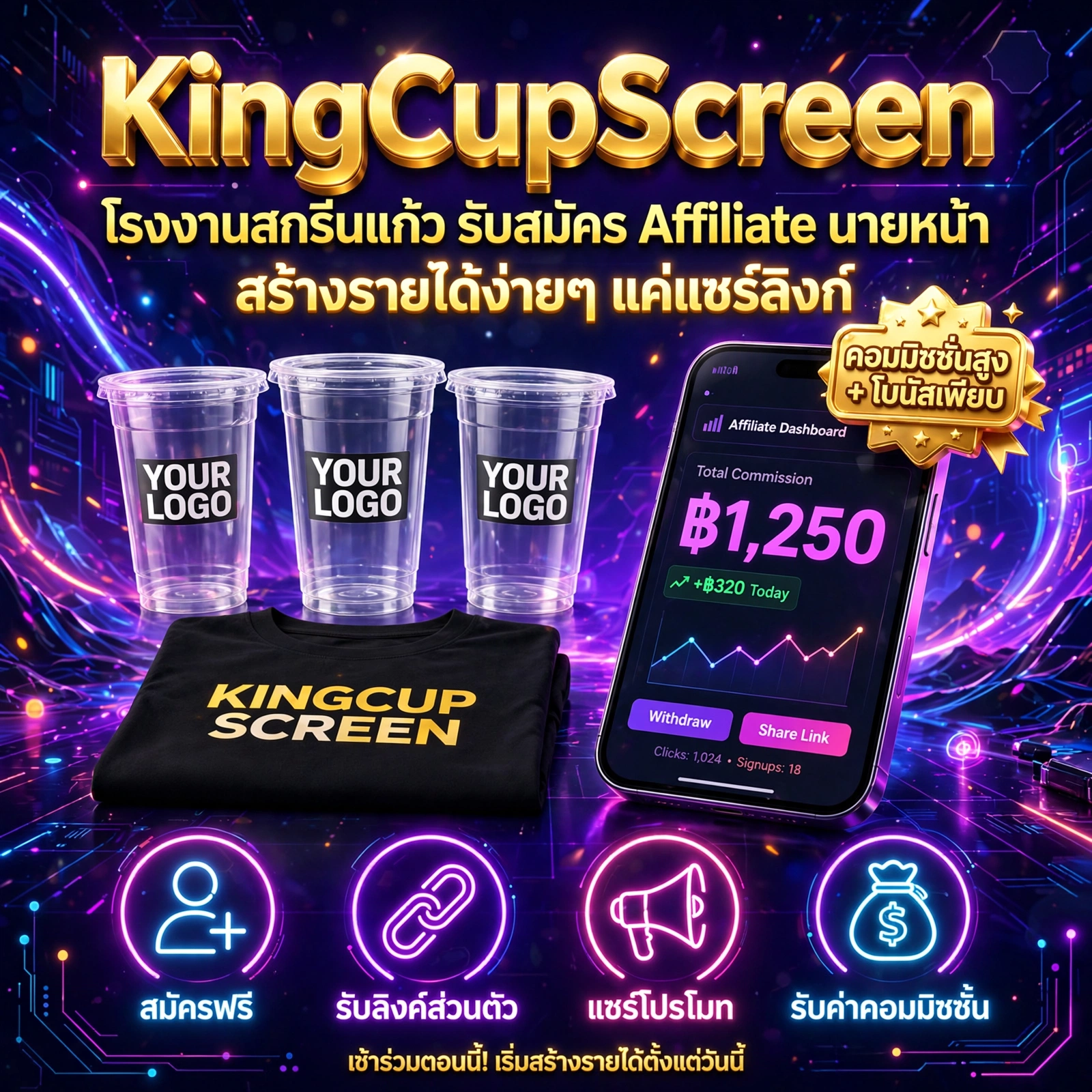 สร้างรายได้ง่ายๆ แค่มีลิงก์! เปิดตัวระบบ Affiliate นายหน้า KingCupScreen
