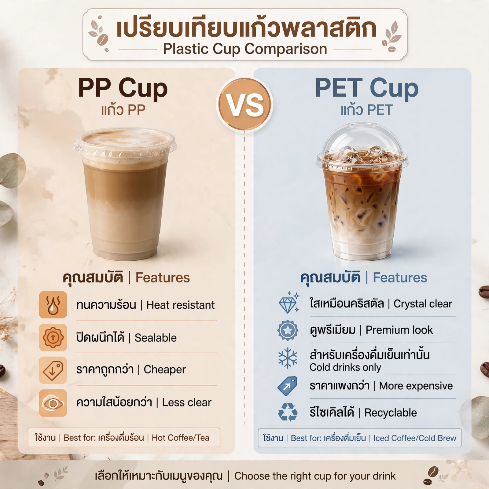 แก้ว PP กับแก้ว PET ต่างกันยังไง? ร้านกาแฟต้องเลือกแบบไหนให้ปังและคุ้มที่สุด